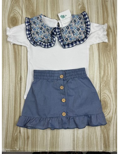 Conjunto Falda Cuello Flores Azul 10423