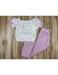 Conjunto Pantalon Palazzo Rosa Camisa Bordada