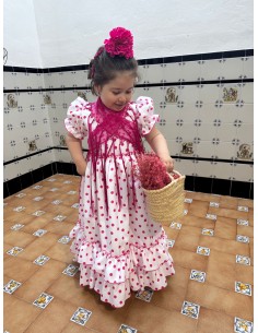 Vestido Flamenca Daniela Blanco Lunar Fucsia