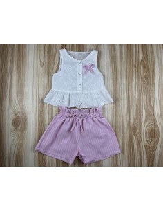 Conjunto Camisa Bordada Pantalon Rayas Rosa
