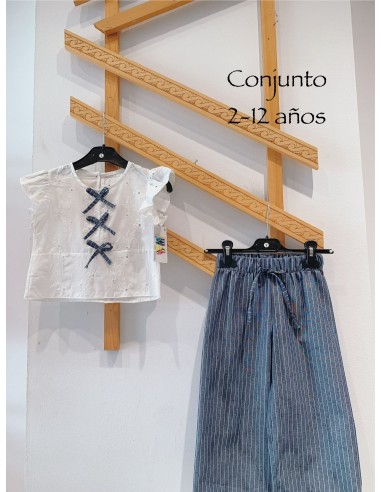 Conjunto Niña Camisa Bordada Lazos Azul