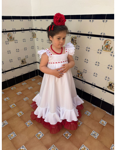 Vestido Flamenca Blanco Organdí Rojo