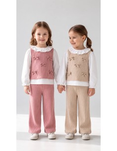 Conjunto Niña Chalequillo Lazos Pana Arena