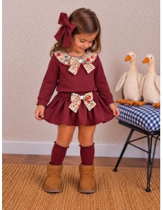 Conjunto Falda Braguita Burdeos Cuello Flores 405